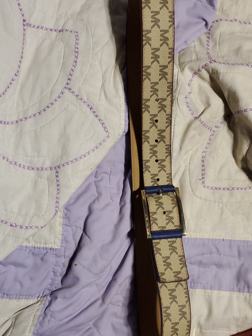 Michael Kors Beige Monogram Belt with Blue Leather Trim